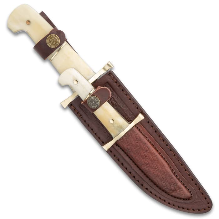 Timber Rattler Camel Bone Bowie Knife - Two-Knife Set with Leather Twin Sheath