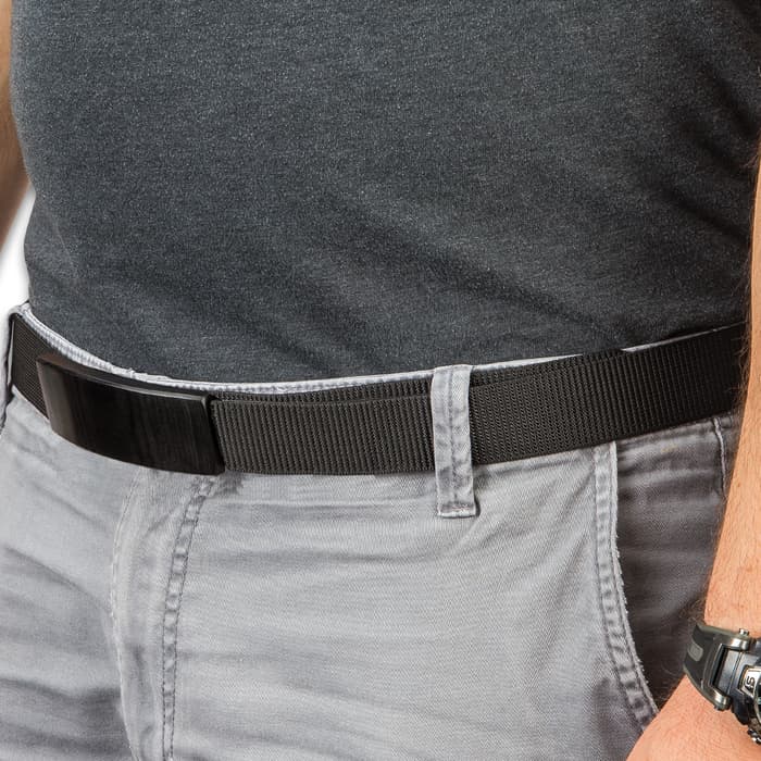 Ridge Runner Black Belt With Hidden Knife - Adjustable Canvas Belt, TPU Buckle, Black Stainless Steel Partially Serrated Blade,
