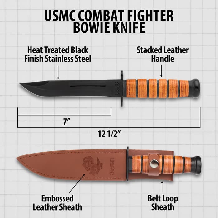USMC Combat Fighter Fixed Blade Knife with Leather Sheath