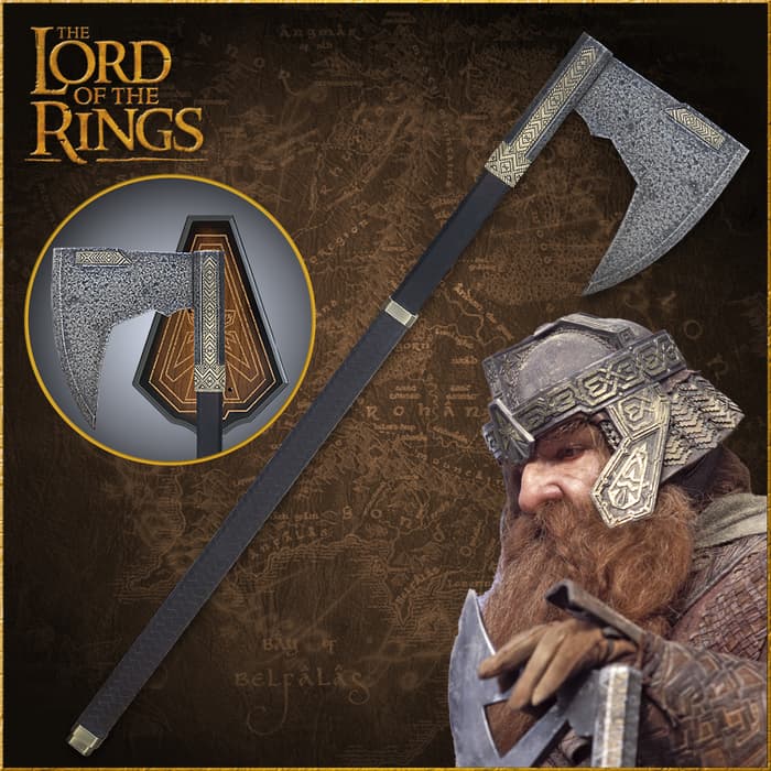 The Lord of the Rings Bearded Axe of Gimli replica shown held by the film character Gimli and in full with weathered steel finish.