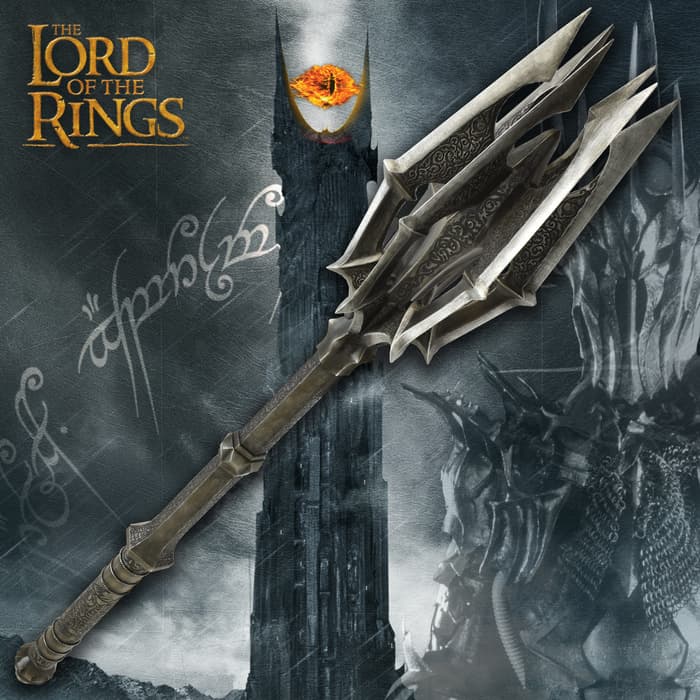 Replica of the a massive six-bladed, black iron war mace from Lord of the Rings next to war banner with red accents
