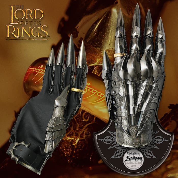 The Lord of the Rings Gauntlet of Sauron is made of genuine leather and iron with the One Ring in gold plated metal. 