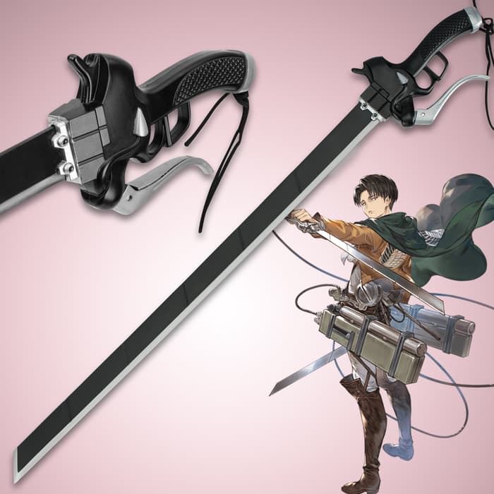 K Exclusive Attack on Titan sword replica with carbon steel, cast metal hand-gun design, and custom sheath. 