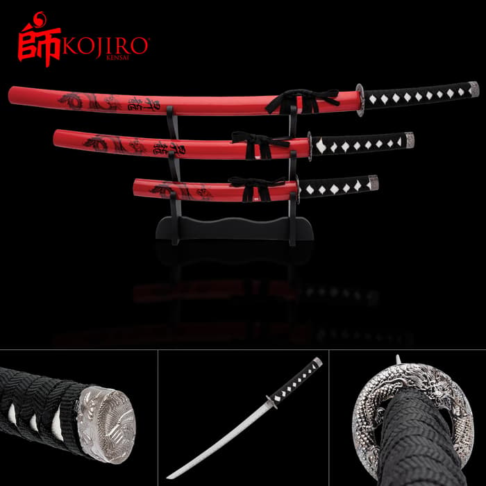 The Kojiro Red Ouroboros Sword Set is an exquisite example of craftsmanship that looks incredible as décor for your home or office