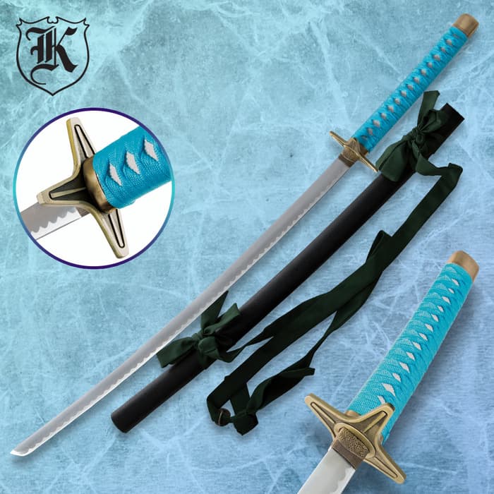 Hitsugaya Hyourinmaru Zanpakuto Sword shown with bright blue wrapped handle, star shaped tsuba, and dark scabbard. 