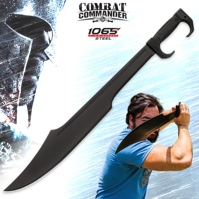 Combat Commander Spartan Sword shown in full above an image of a person holding the sword in a battle-ready stance. 