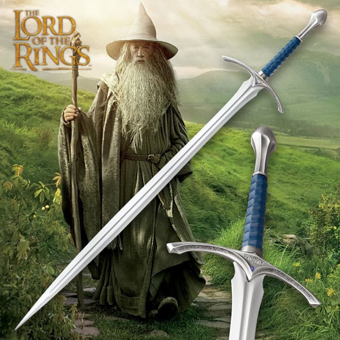 The Lord of the Rings Glamdring Sword of Gandalf is shown both in full and with a closeup of the detailed blue leather wrapped grip. 