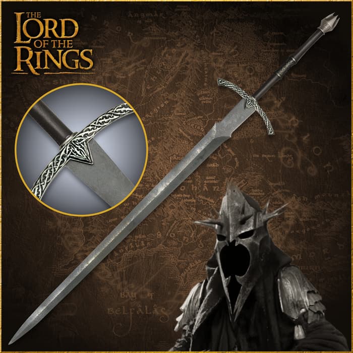 The Lord of the Rings Witch-King sword shown in full and with detailed shot of the ornate hilt over an image of the Witch-King.