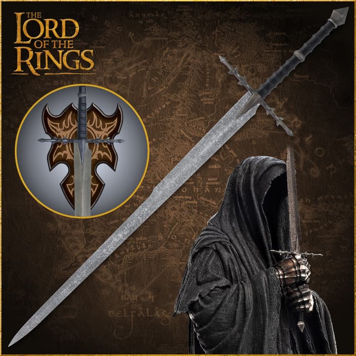 The Lord of the Rings Ringwraith sword is shown in front of the Eye of Sauron.
