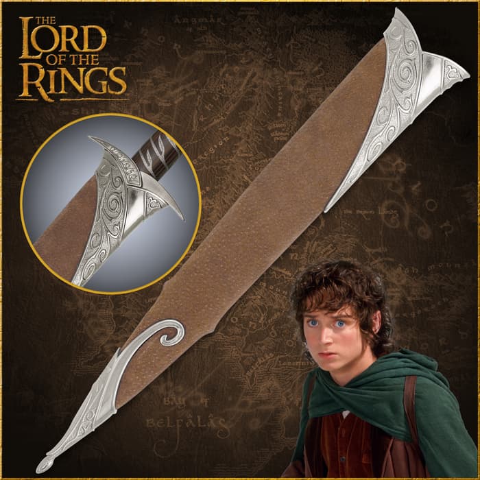 The Lord of the Rings Sting sword scabbard is shown with brown genuine leather wrap and metal collar and tip with Elven vine designs.