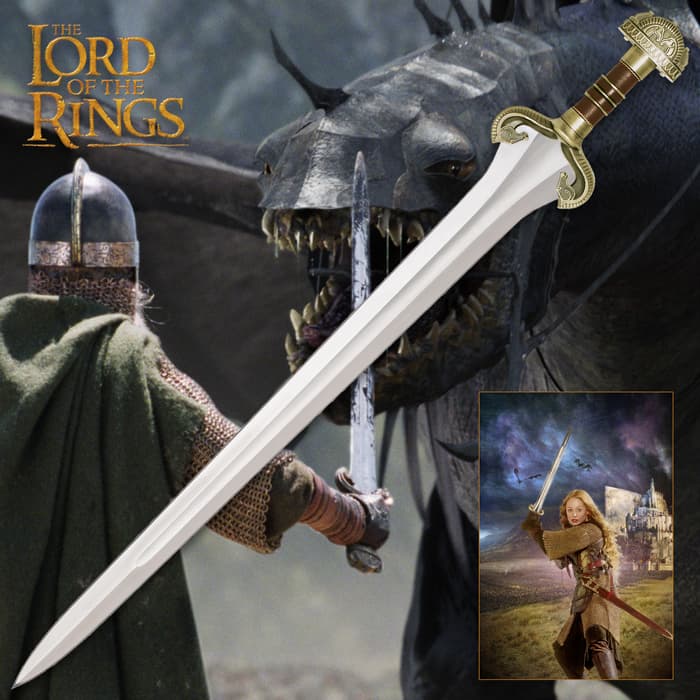 The Lord of the Rings Sword of Eowyn shown in use by character and in full detail, with detailed hilt and brown leather wrapped grip. 