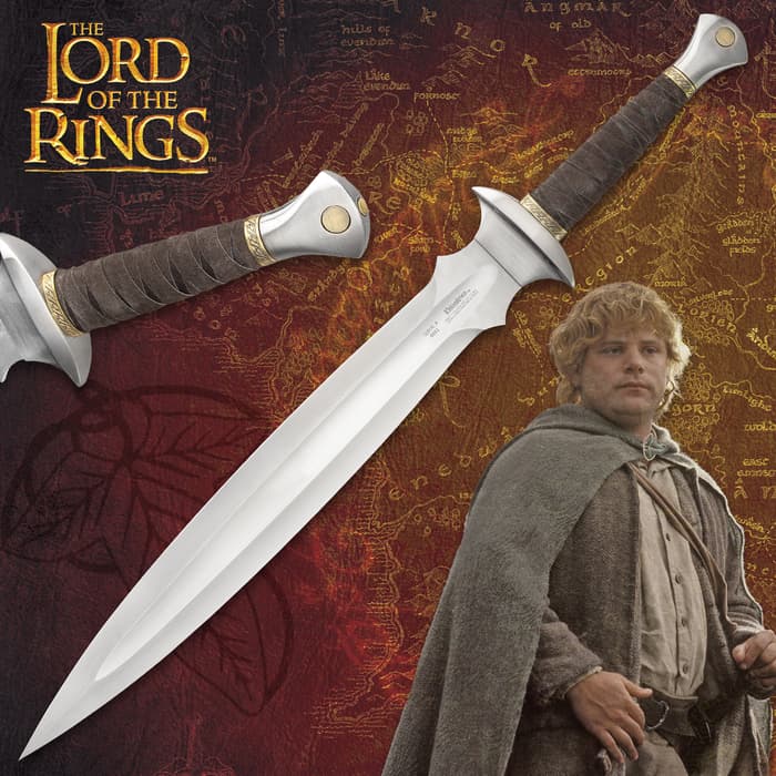 The Lord of the Rings Sword of Sam shown with the character from the film has a leather wrapped handle and unique blade shape.