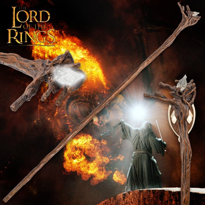 LOTR Illuminated Moria Staff Of Gandalf And Display Plaque - Polyresin Construction, Hand-Painted Details, Removable LED Light - Length 66”