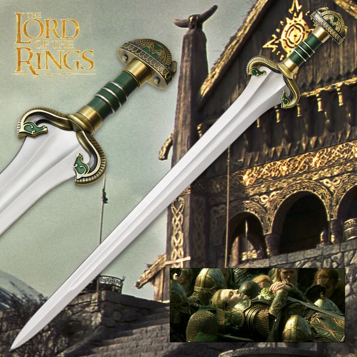 Lord of the Rings replica stainless steel sword of Théodred with a green enameled grip and hilt adjacent to wood wall display
