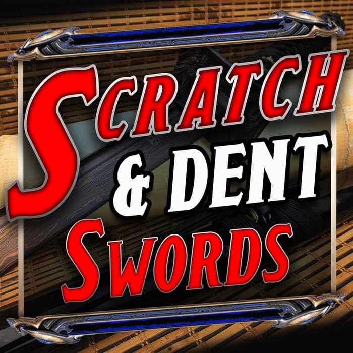 “Scratch and Dent Swords” written in red and white font with a sword laying on a tatami mat background. 