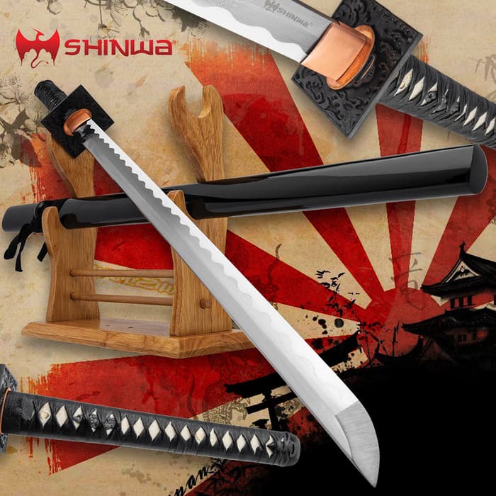 Shinwa Imperial Samurai Sword shown on rising sun background with various views of the blade, scabbard, and handle. 