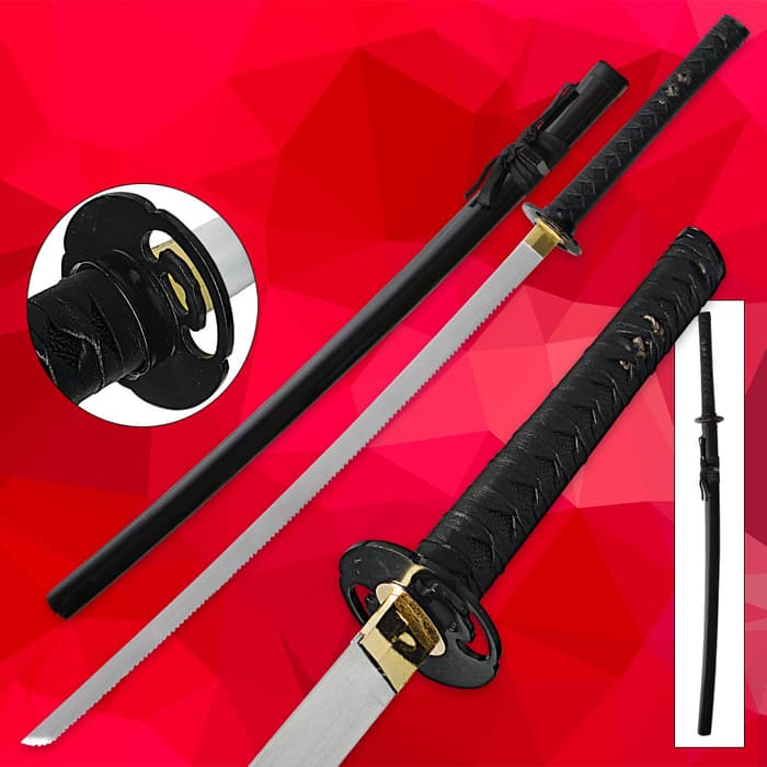 Serrated Blade Katana shown from various views, including detailed look at the black tsuba and handle, on a red background. 