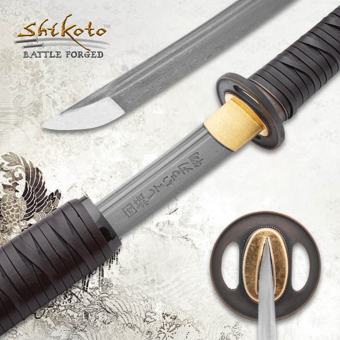 Shikoto Rurousha Handmade Wakizashi - Hand-Forged Damascus Steel Blade, Leather Wrapping, Cast Tsuba - Length 30 1/2”