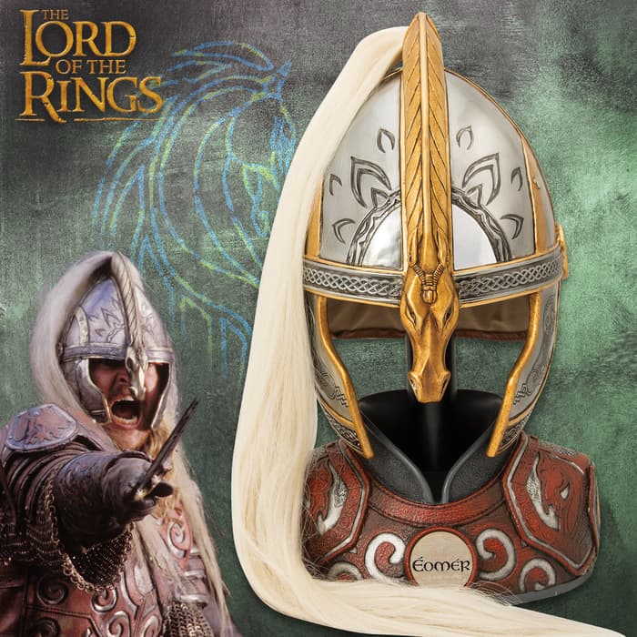 Lord of Rings Helm of Eomer With Display Stand - Accurate Movie Replica, Metal Construction, Leather Neck Guard, Faux Horse Hair Tail
