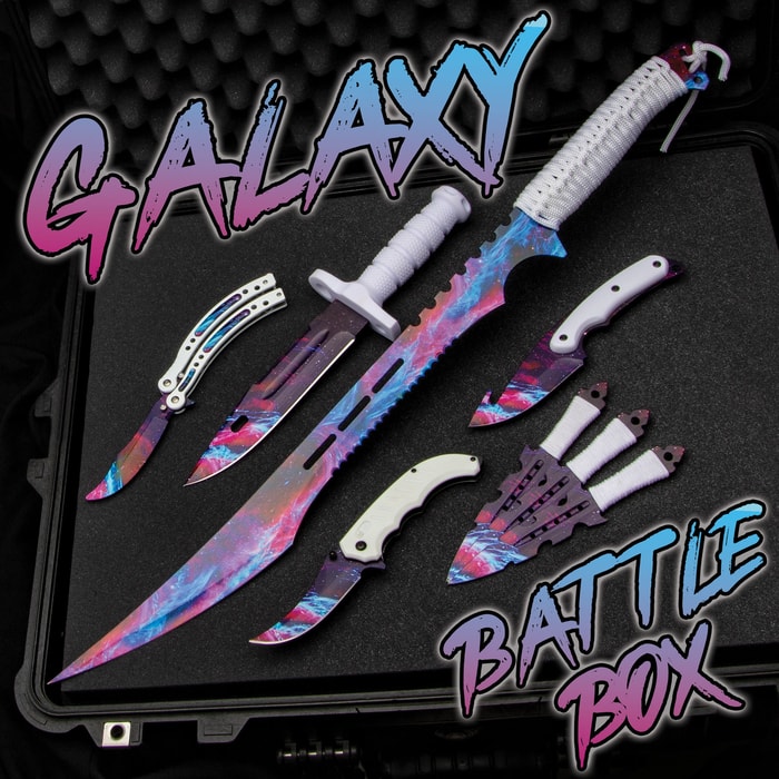 Galaxy Battle Box shows eight piece mixed sword and knife set, all with colorful galaxy printed blades.