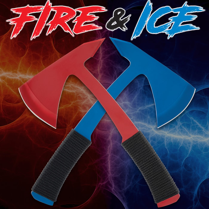 The Fire and Ice Throwing Axe Set includes two axes