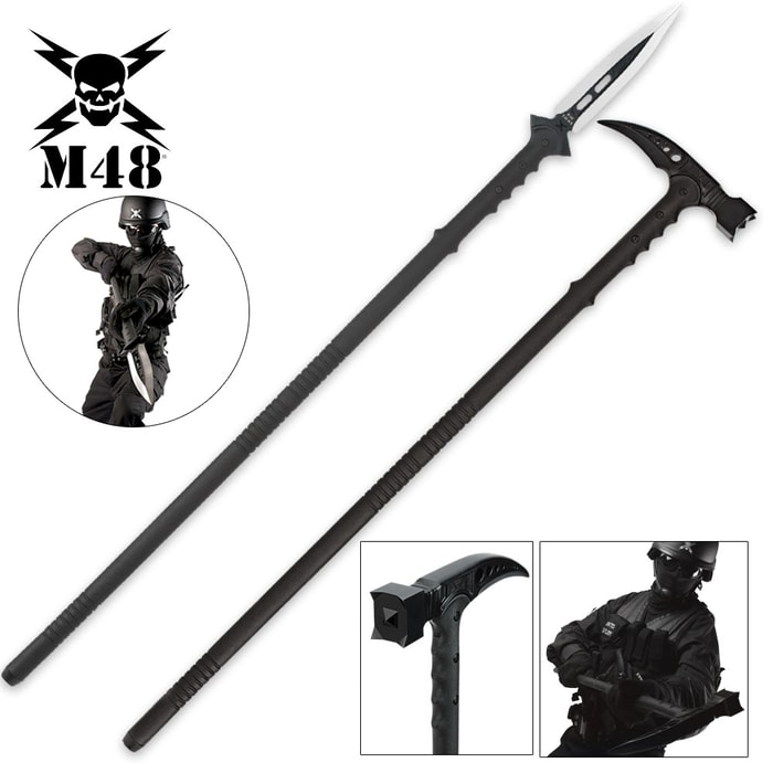All black M48 tactical survival hammer and spear head casted in stainless steel blade and fiberglass handles
