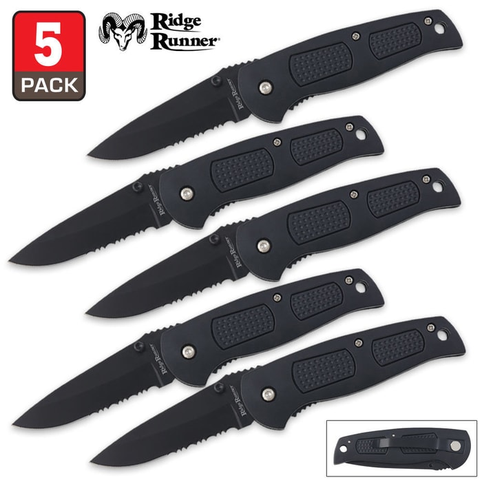 5 Pack Black Tactical Pocket Knives with Pocket Clips