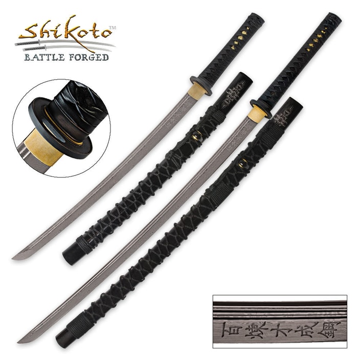 Shikoto Embassy Katana and Wakizashi set shown with swords laid side by side and with zoomed view of characters on blade. 