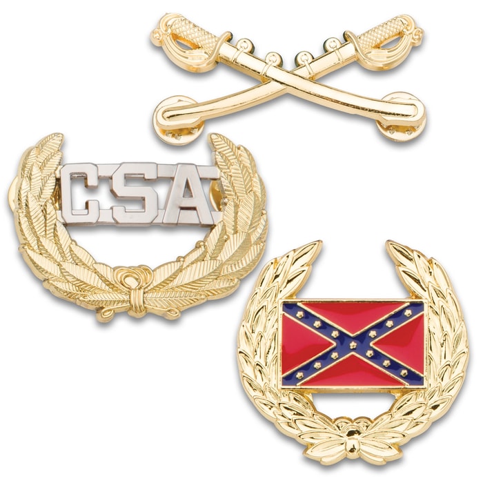 Civil War Historical Hat Pin Combo Pack - 3 Pins: Crossed Saber Cavalry Pin, Rebel / Confederate Battle Flag Wreath Pin, CSA Officer Pin - Cast Metal, Polished Golden Finish, Butterfly Clasp
