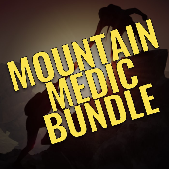“Mountain Medic Bundle” yellow text over a background of two people hiking an incline.
