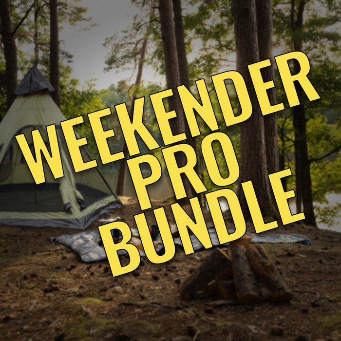 “Weekender Pro Bundle” yellow text over a background of an outdoor campsite.