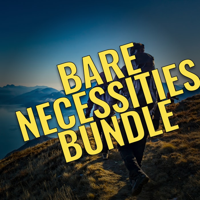 “Bare Necessities Bundle” yellow text shown over an image of a hiker on a mountain.