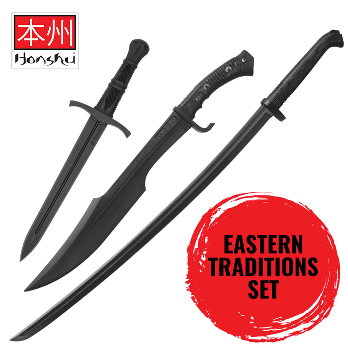 Full image of the Honshu Katana Training Sword, Spartan Training Sword, and Training Dagger included in the Eastern Traditions Set.
