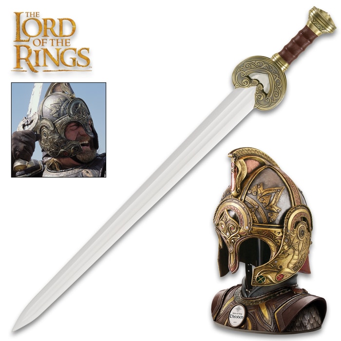 Full image of King Theoden's Sword and the Helm of King Theoden included in the Lord of the Rings King Theoden Collection.