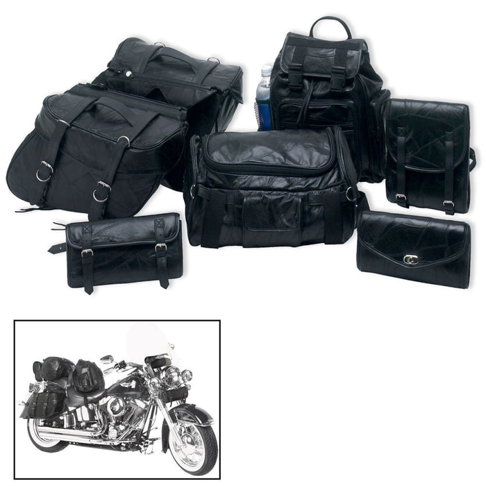 Genuine Buffalo Leather Motorcycle Saddlebags - Seven Pieces
