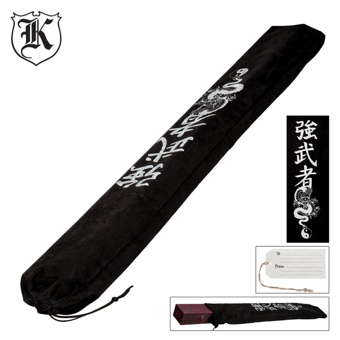 K Exclusive black sword gift bag shown with hanger tag and white dragon design down the side. 