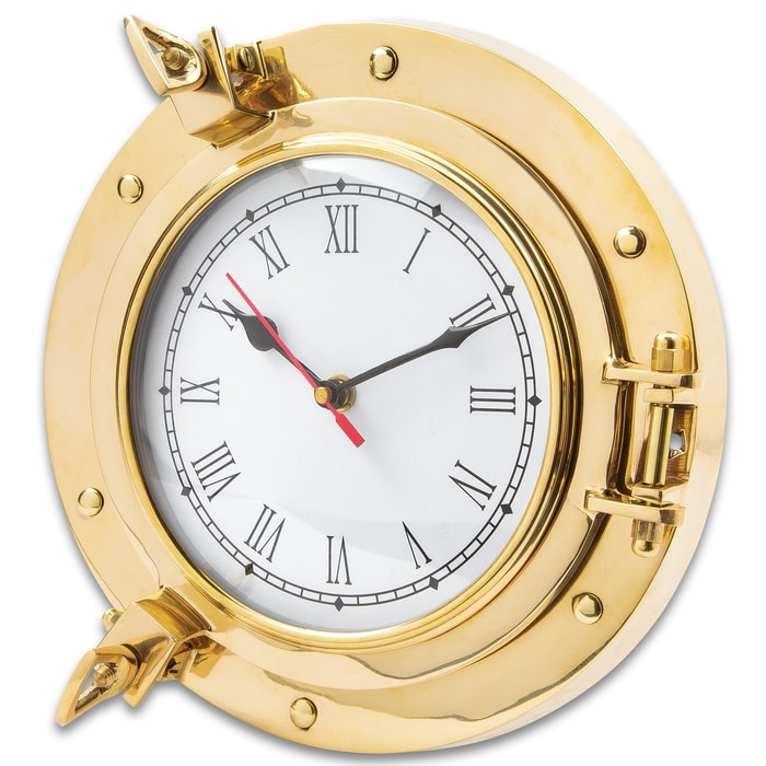 Ship Porthole Wall Clock - High-Quality Brass Construction, Roman Numerals, Working Porthole - Diameter 9”