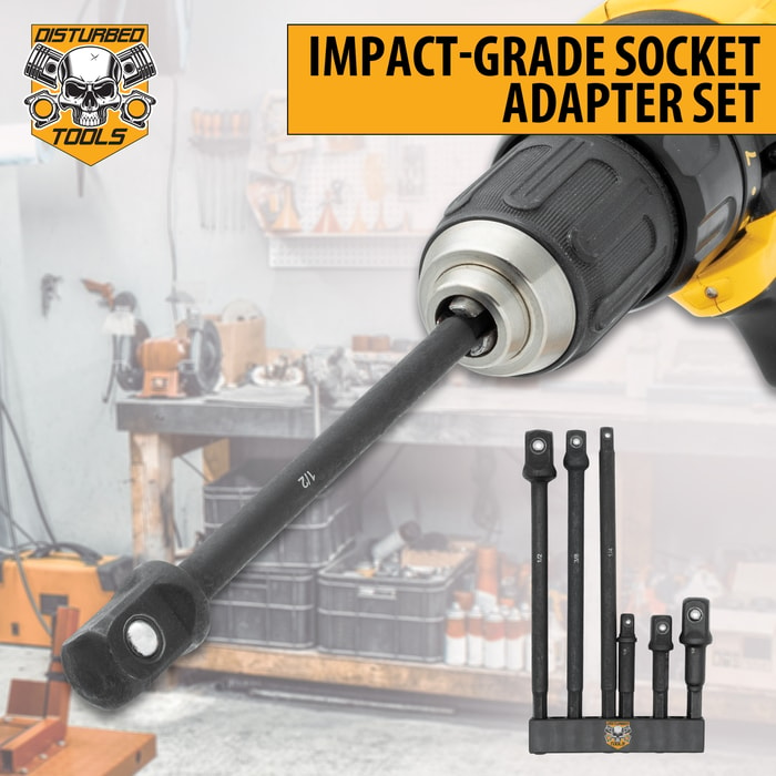Disturbed Tools Impact-Grade Socket Adapter Set, featuring an adapter attached to a drill atop a backdrop of tools, with Disturbed Tools logo in the corner.