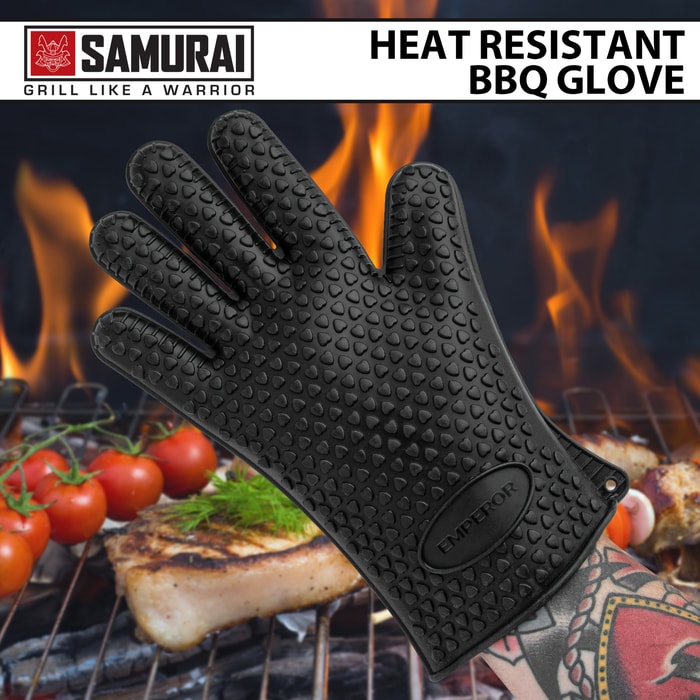 “Heat Resistant BBQ Glove” text shown above a hand inside the Black Emperor Grilling Glove, made of 100% silicone with textured grip.