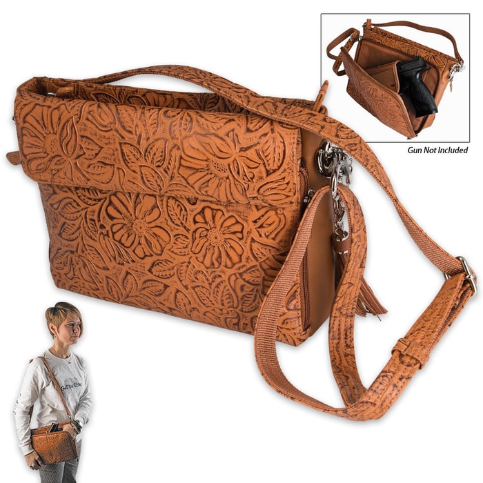 Gun ToteN Mamas Concealed Carry Tooled Cowhide Leather Handbag