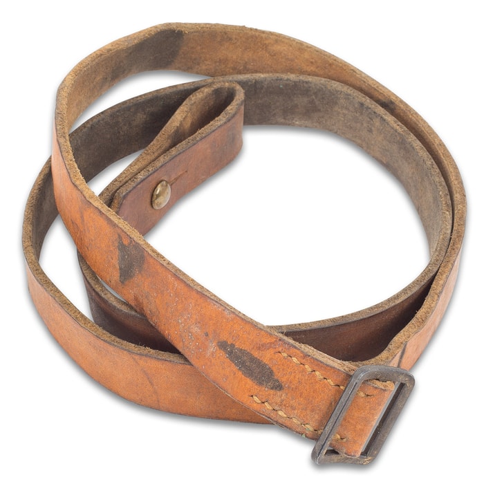 German Military Leather G3 Rifle Sling - Used - Genuine Leather, Metal Buckle, Heavy-Duty Stitching - Length 52”