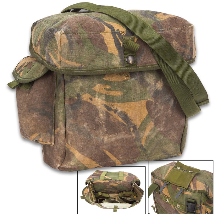 British Military Issue Camo Gas Mask Bag - Used - Heavy-Duty Nylon, Belt Loop, Shoulder Strap, Internal Pockets