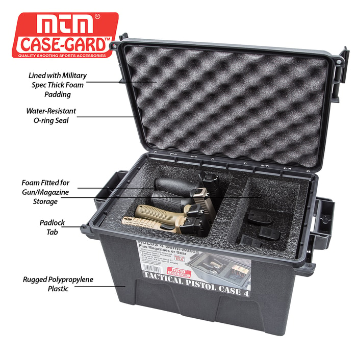 MTM Tactical Pistol Handgun Case - Four Guns, O-Ring Seal, Foam Lined, Triple Tabbed, Flexible Storage Area