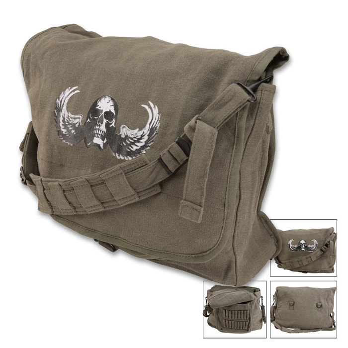 Classic Sage Shoulder Bag With Skull Wings