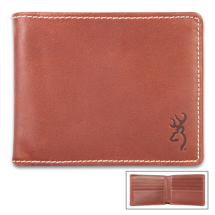 Browning Bandera Leather Bi-Fold Wallet - Cognac Color Leather, Stamped Buckmark Logo, Contrast Stitching, Cotton Twill Lining