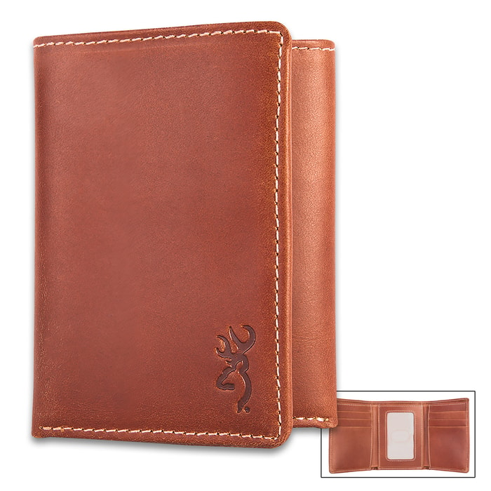 Browning Bandera Leather Tri-Fold Wallet - Cognac Color Leather, Stamped Buckmark Logo, Contrast Stitching, Cotton Twill Lining