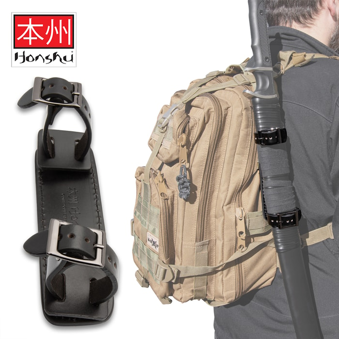 Full image of the Honshu Leather Frog by itself and clipped on a backpack with a Honshu sword.