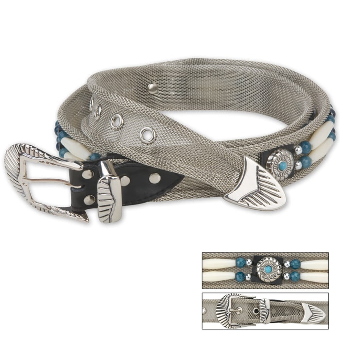 Western / Southwestern Style Belt - Stainless Steel Mesh; Contrasting Beads, Rosettes, Other Accents - Fully Adjustable, Reinforced Stays - Premium Buckle, Taper - Cowboy Cowgirl Native American