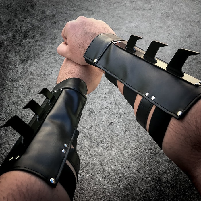 Tactical Arm Bracer Vambrace Set - Faux Leather Construction, Metal Spikes, Steel Plate Armor, Buckle Strap, Elastic Bands - Length 9 1/2"