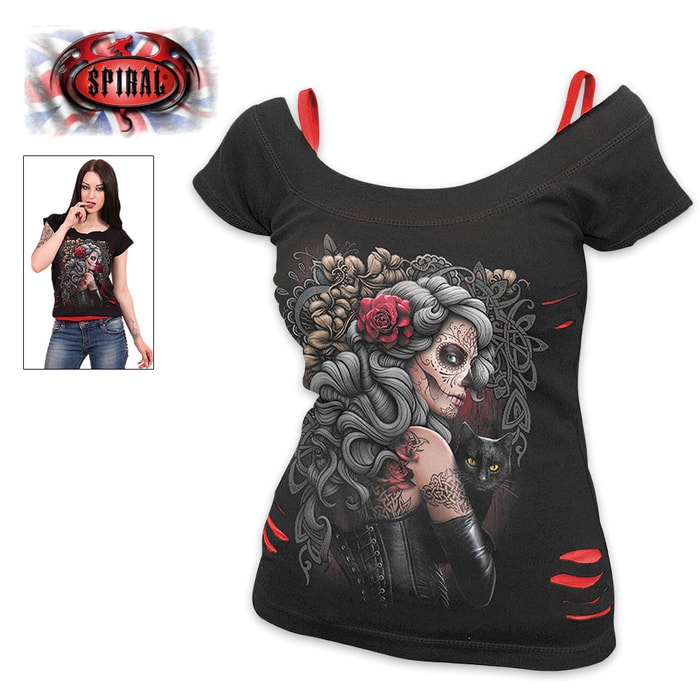 Day Of The Dead Tattoo 2-In-1 Black Ripped Top - Red Accents